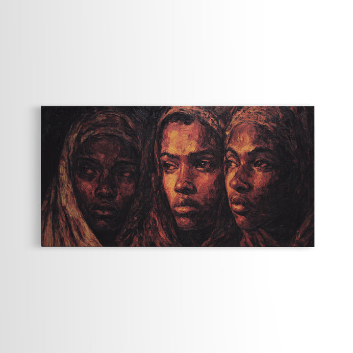 Three African Women Portrait Wall Art, Black Female Art, Afrocentric Decor, Burnt Orange Canvas, Elegant Cultural Home Decor Gift