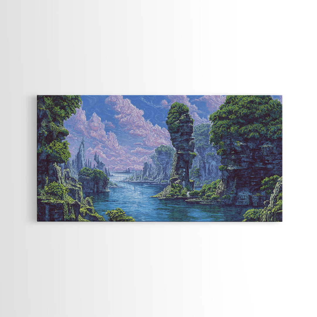 Serene Blue River Cliffs Framed Canvas Print, African Landscape, Nature Scene Art, Dreamy Wall Art For Elegant Home Decor