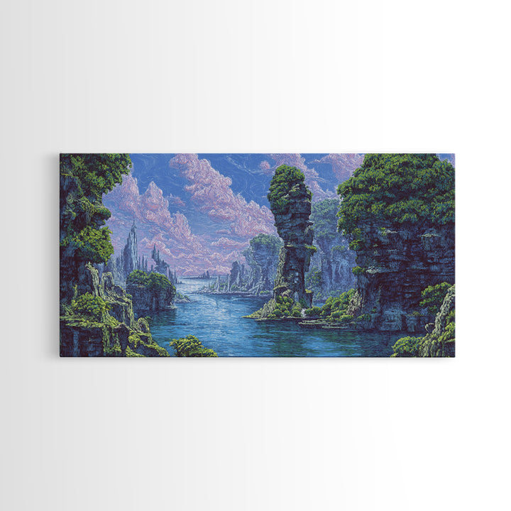 Serene Blue River Cliffs Framed Canvas Print, African Landscape, Nature Scene Art, Dreamy Wall Art For Elegant Home Decor