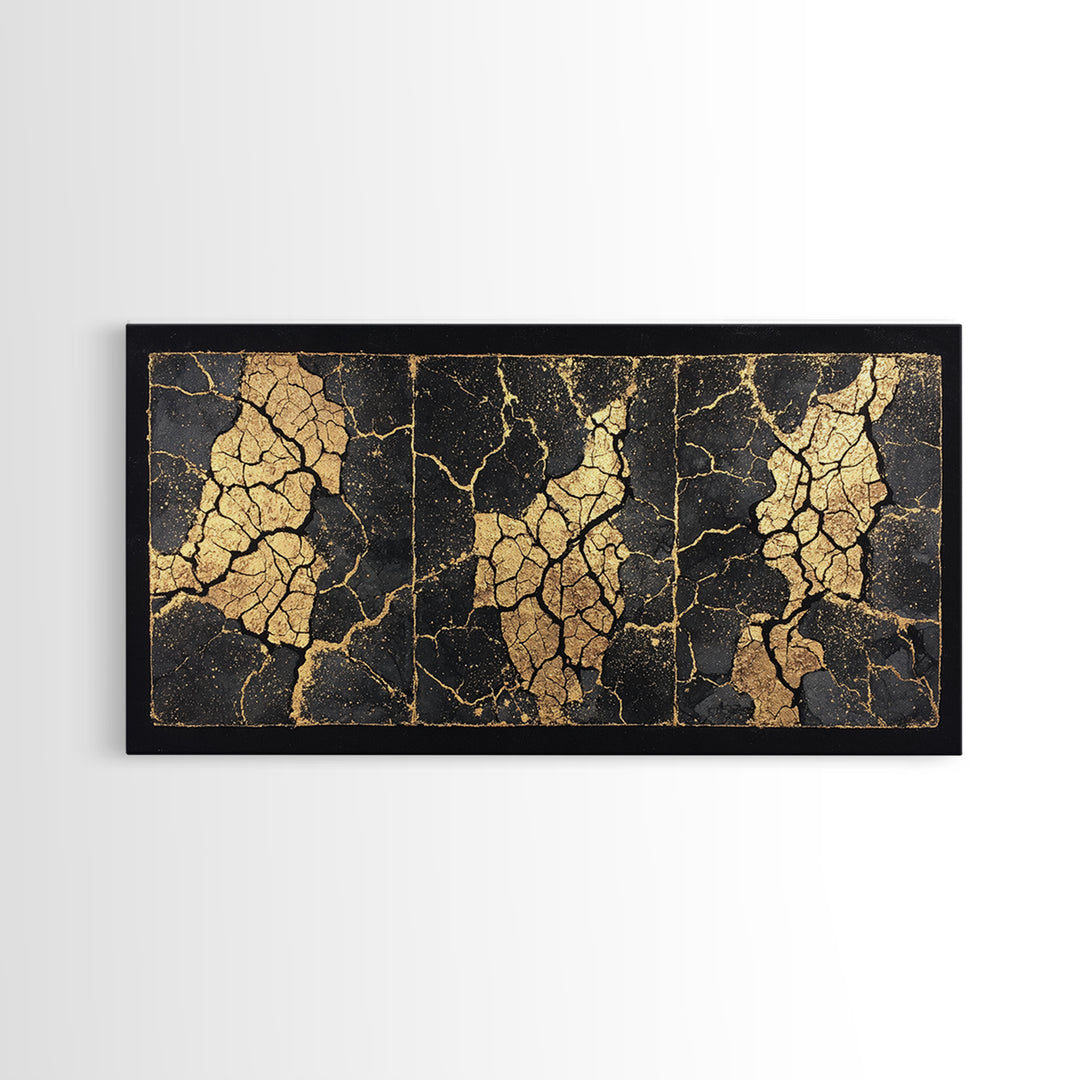 Black And Gold Cracked Triptych Abstract Wall Art, African Inspired Luxury Canvas Decor, Modern Textured Statement Print