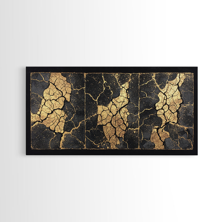 Black And Gold Cracked Triptych Abstract Wall Art, African Inspired Luxury Canvas Decor, Modern Textured Statement Print