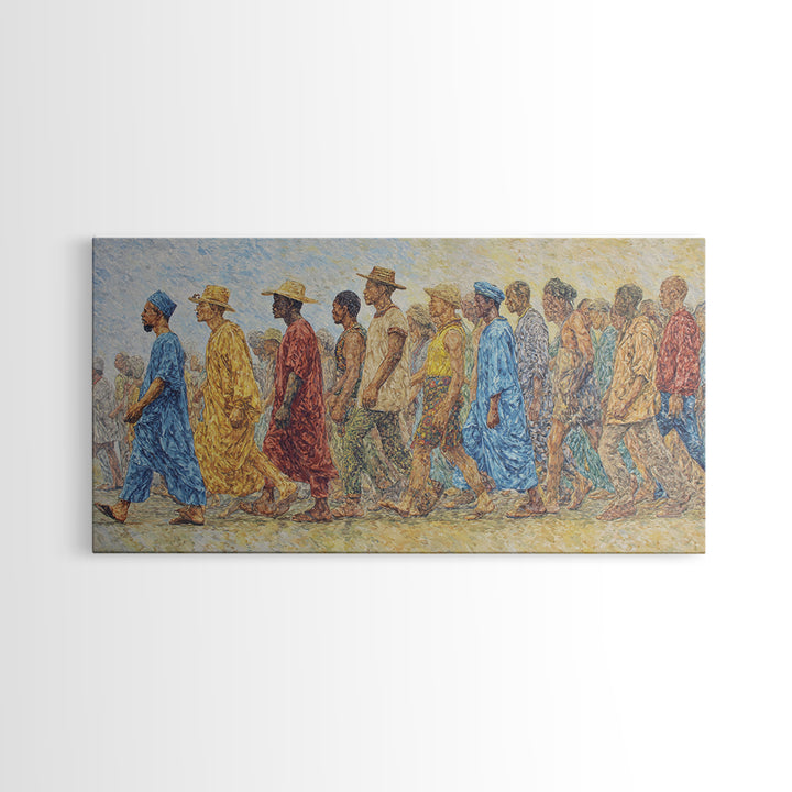 African Procession In Sunlit Robes Canvas Print, Cultural Wall Decor, Panoramic Black Art For Living Room And Office Gallery