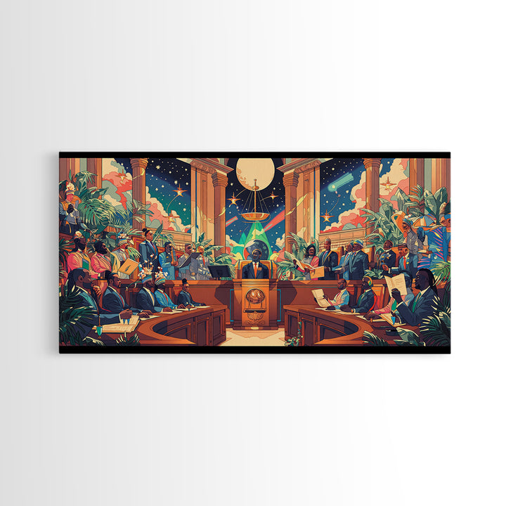 Afrofuturist Galactic Council Chamber Wall Art, African American Art Print, Colorful Sci Fi Courtroom Decor Poster Gift