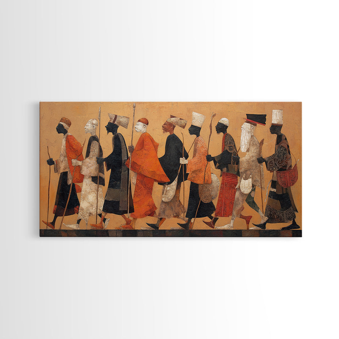 Traditional African Warriors Procession Wall Art, Tribal Culture Art Print, Earth Tone Safari Decor For Home Office Gallery