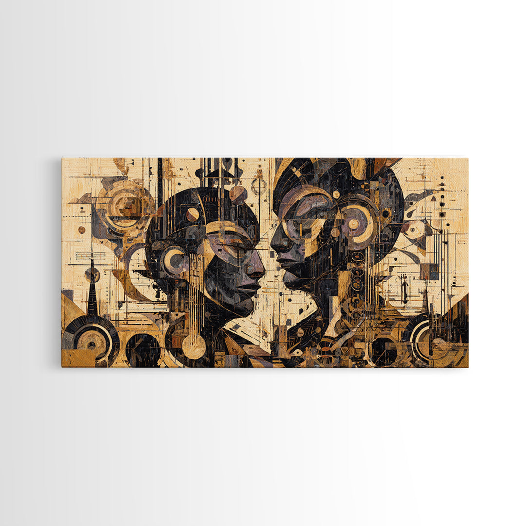 Geometric African Couple Profiles Framed Canvas Print, Abstract Afrocentric Wall Art, Gold Black Modern Cubism Decor Gift