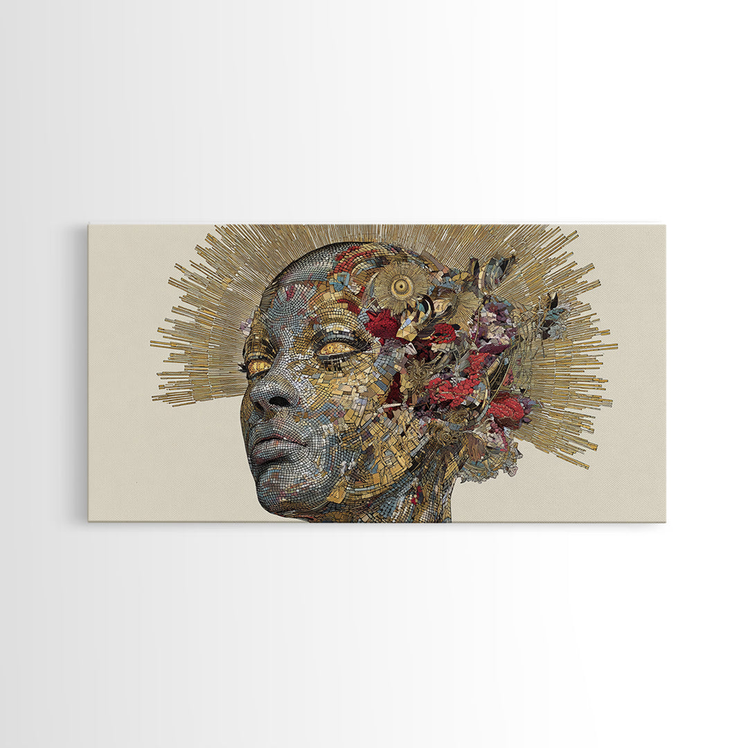 Black Woman Golden Halo Portrait Canvas Print, Mosaic Floral African Beauty Wall Art, Elegant Feminine Home Decor Gift Print