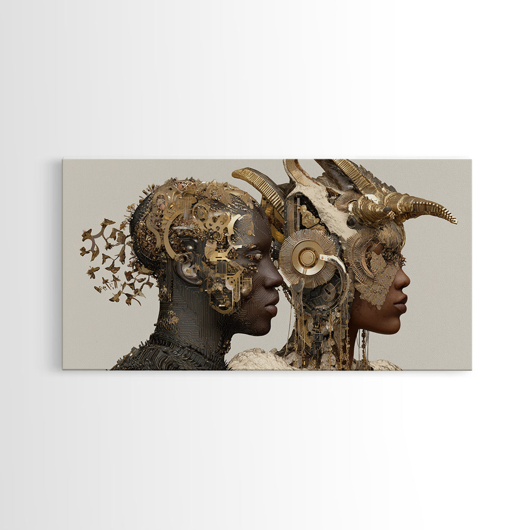 Afrofuturist Royal Couple With Horned Crowns Wall Art, African Goddess Portrait Canvas Print, Luxury Sci Fi Decor Gift Art