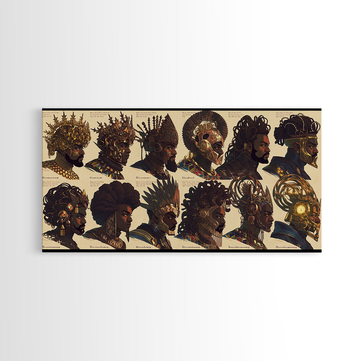 Ornate African Kings And Warriors Lineup Canvas Print, Royal Tribal Portrait Wall Art, Black Culture Decor Poster Gift Set