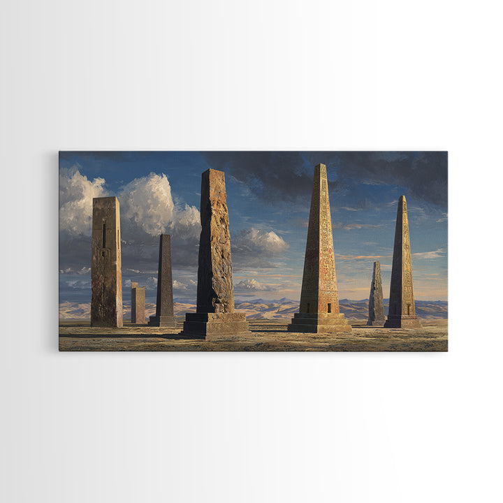 Ancient Carved Desert Obelisks Wall Art, African Egyptian Art Print, Monument Landscape, Earth Tone Home Decor Gift For Living Room