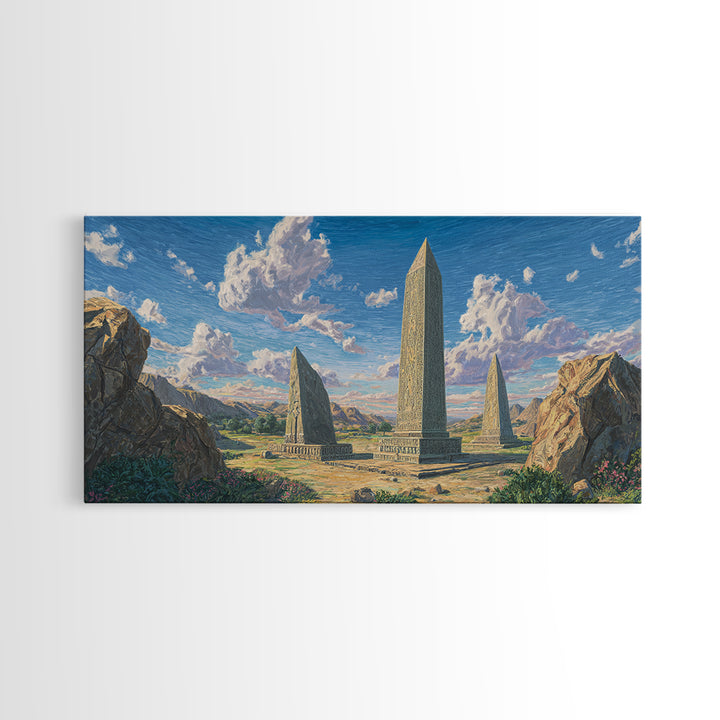 Mountain Valley Stone Obelisks Canvas Print, African Landscape Wall Decor, Ancient African Art, Nature Scene For Living Room
