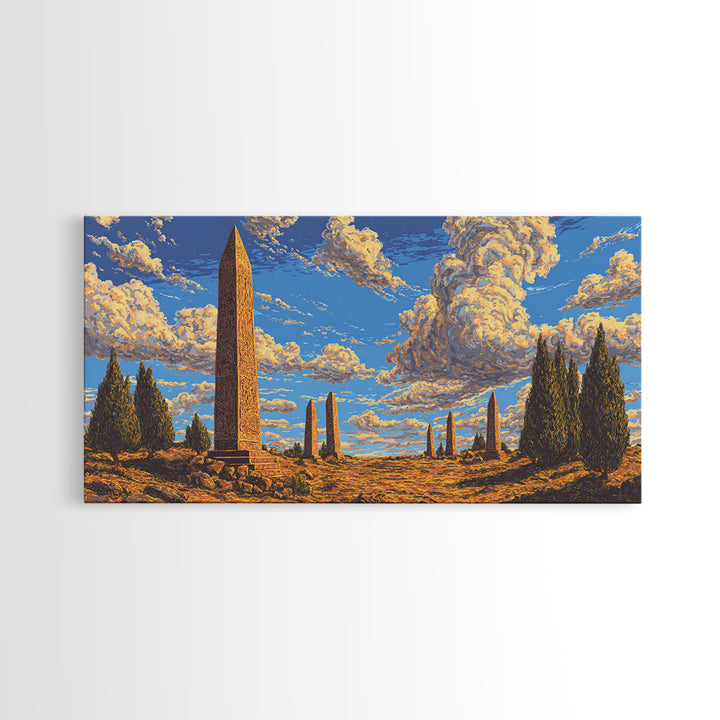 Golden Sky Obelisk Garden Wall Art, African Landscape Print, Ancient Monument Decor, Boho Earth Tone Living Room Artwork