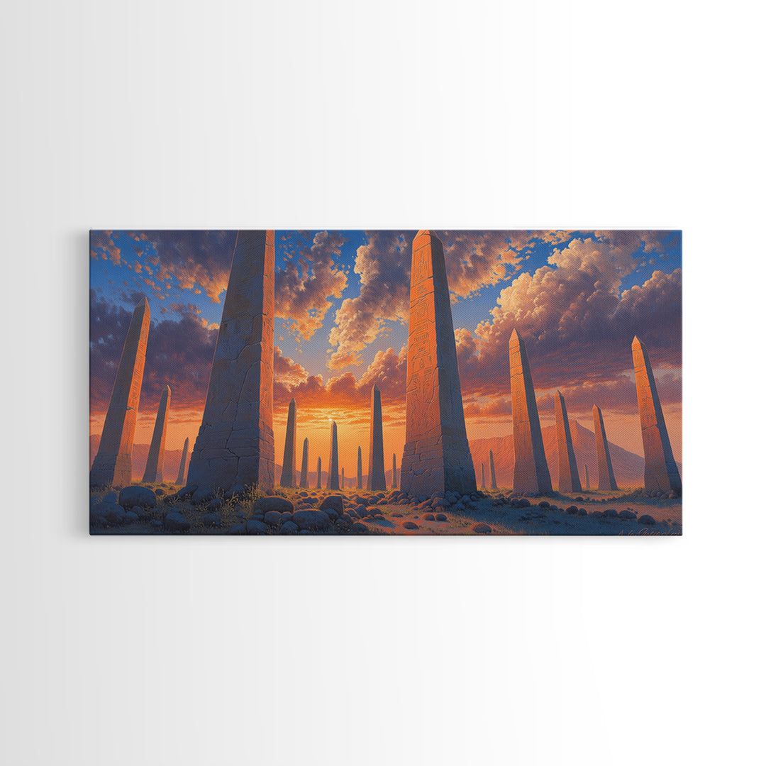 Sunset Obelisk Field Wall Art, African Egyptian Art Print, Ancient Desert Landscape, Warm Orange Statement Home Decor Gift