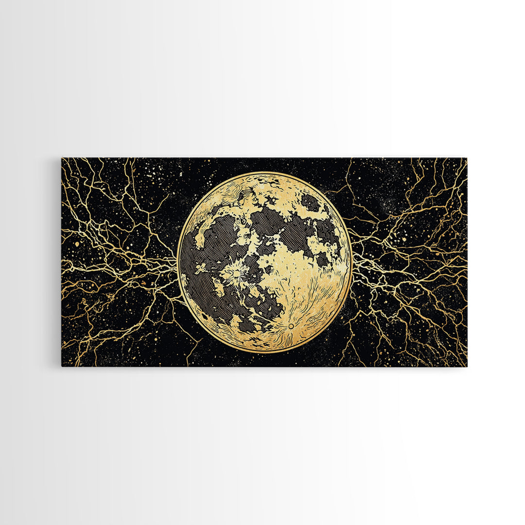 Golden Full Moon Wall Art, Black And Gold Celestial Canvas Print, Mystical Wall Decor, Abstract Night Sky Gift For Bedroom Home