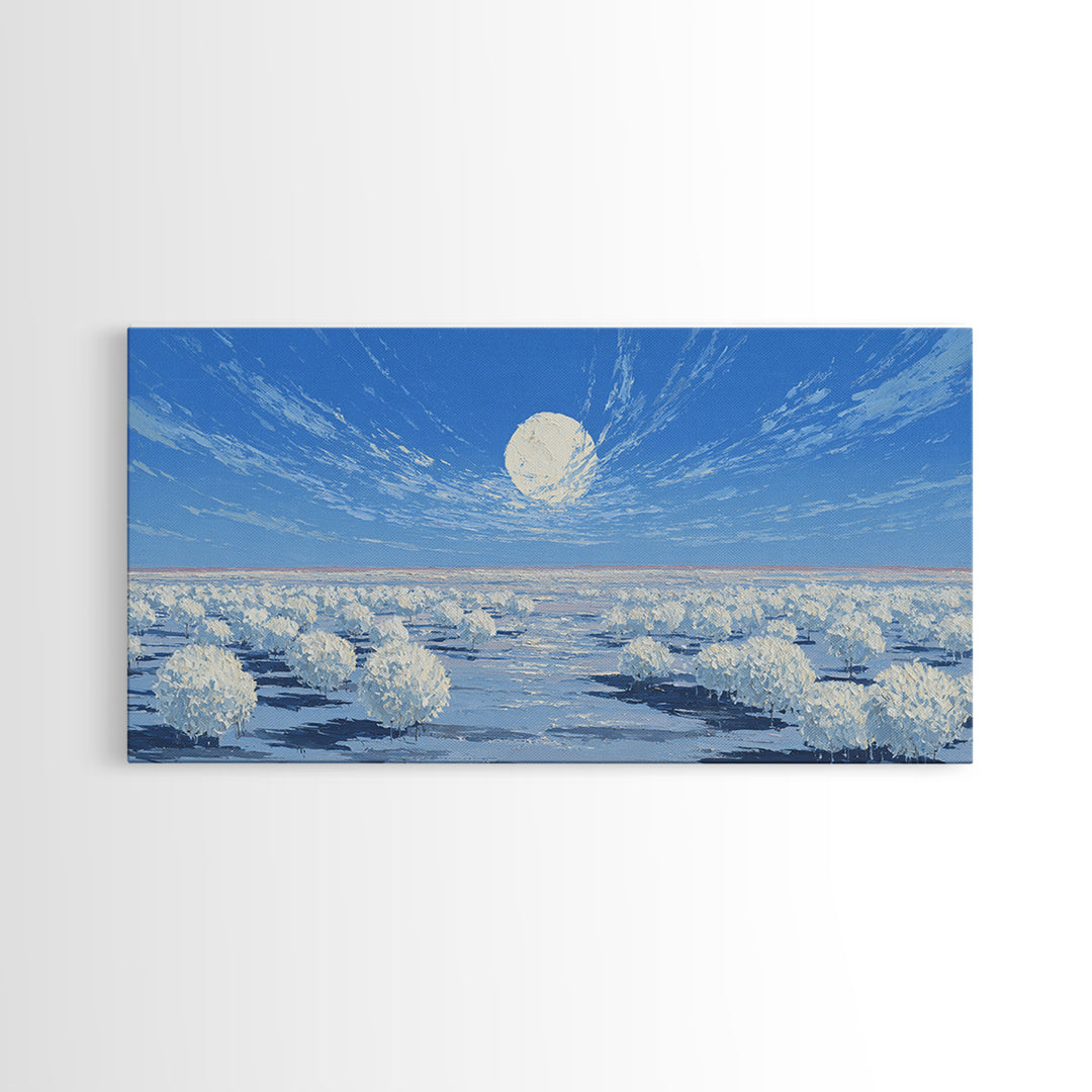 White Desert Bloom Field Canvas Print, African Landscape Wall Art, Dreamy Nature Scene, Blue Minimalist Home Decor Gift For Her