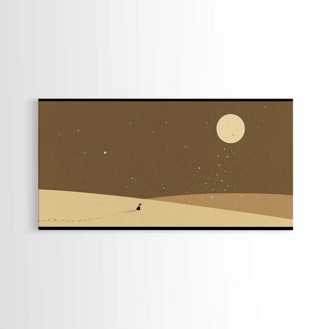 Lone Traveler In Moonlit Sahara Dunes Wall Art, Minimalist African Landscape, Desert Night Canvas, Earth Tone Boho Home Decor