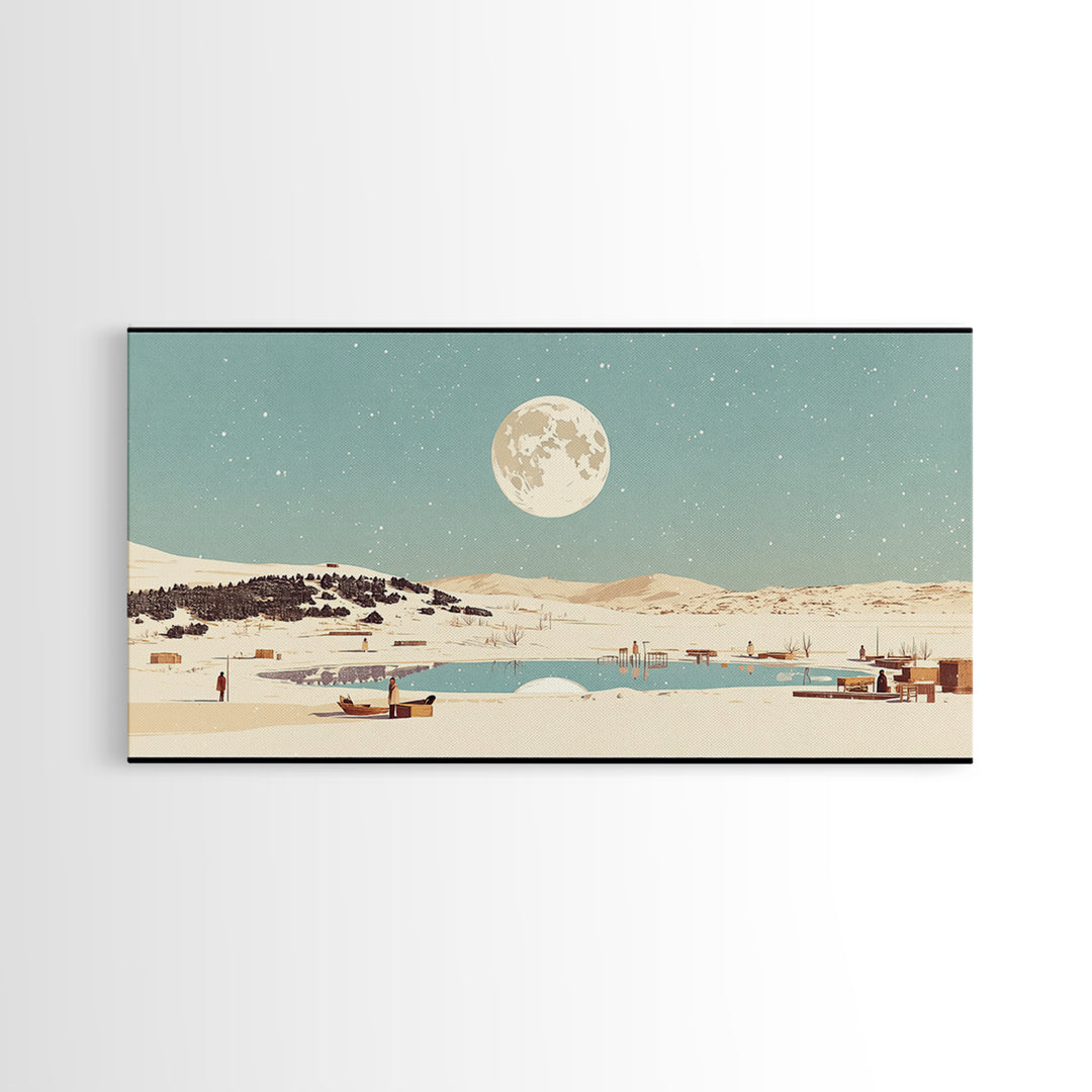 Moonlit Lake Village With Boats Canvas Print, African Landscape Wall Decor, Serene Travel Poster, Blue Bedroom Art Home Decor