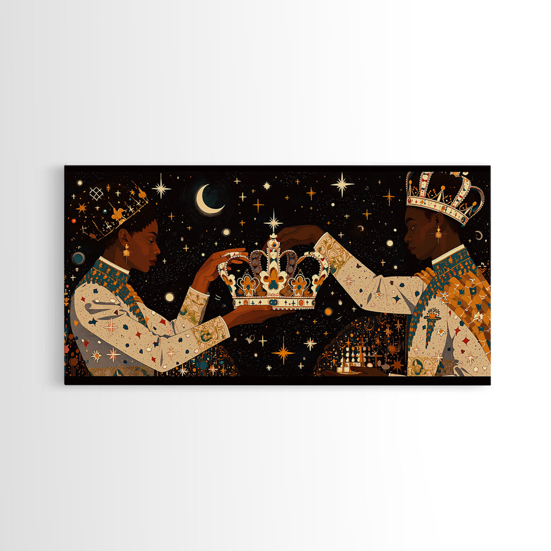 Celestial Black King And Queen Crowning Framed Canvas Print, African American Art, Royal Afrocentric Cultural Wall Decor