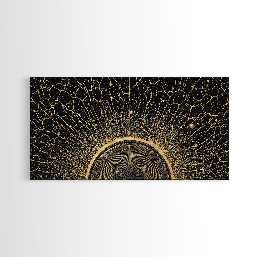 Golden Cosmic Sun Network Abstract Wall Art, Geometric African Inspired Decor, Black And Gold Modern Living Room Canvas Print