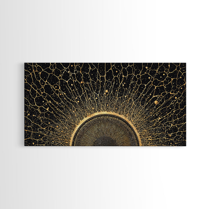 Golden Cosmic Sun Network Abstract Wall Art, Geometric African Inspired Decor, Black And Gold Modern Living Room Canvas Print