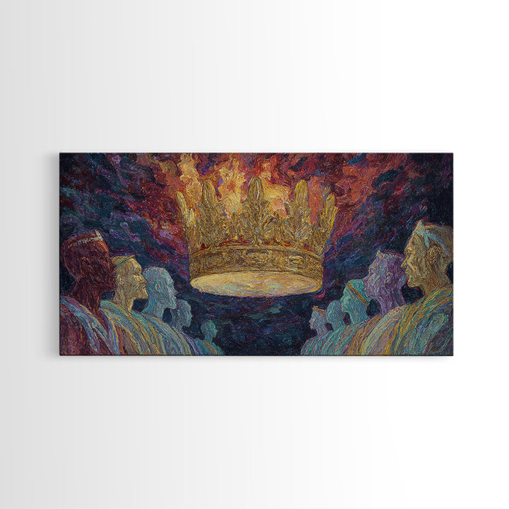 Fiery Floating Crown And Robed Figures Wall Art, African Royalty Painting, Black History Decor, Textured Canvas Print Gift