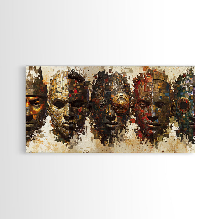 Mosaic African Masks With Metallic Texture Framed Canvas Print, Tribal Wall Decor, Cultural Afrocentric Statement Art Gift