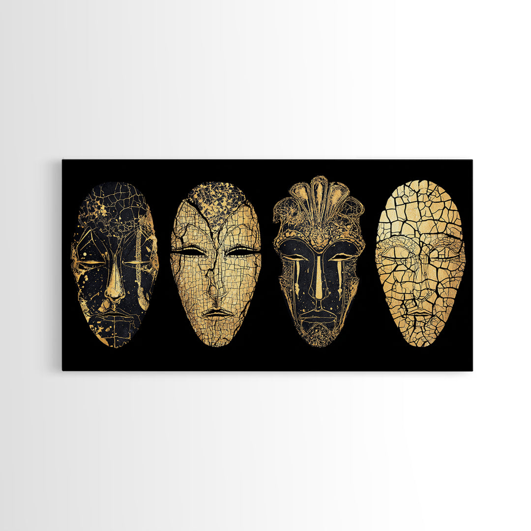 Black And Gold Cracked African Masks Wall Art, Minimalist Tribal Mask Print, Luxe Afrocentric Decor For Modern Home Interior