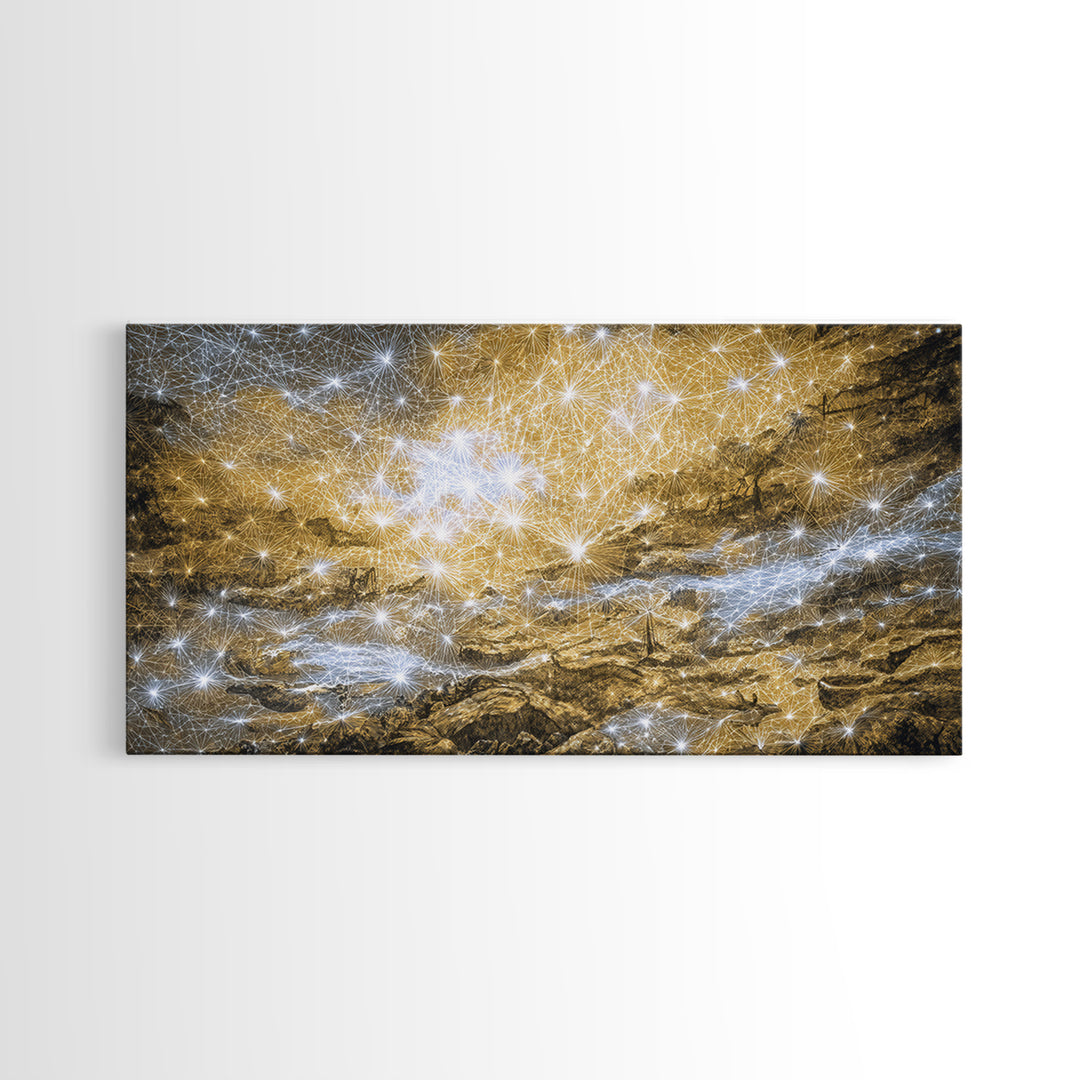 Golden Cosmic River Abstract Wall Art, Textured Modern Canvas Decor, Luxury Blue Gold Landscape For Living Room Statement Piece