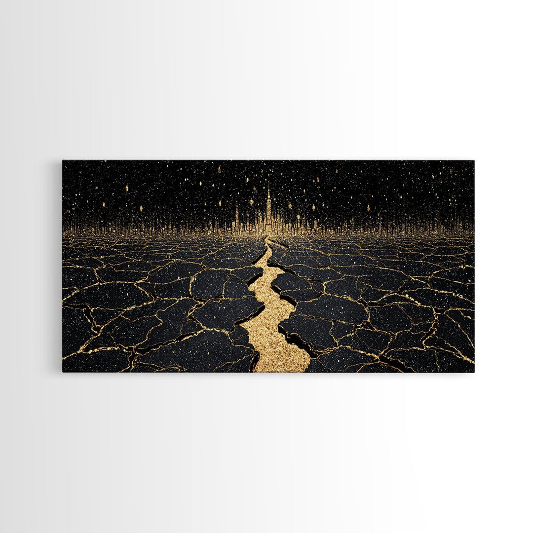 Black Gold Cracked Earth Pathway Canvas Print, Abstract Landscape Wall Decor, Dramatic Modern Art For Office Home Decor Gift