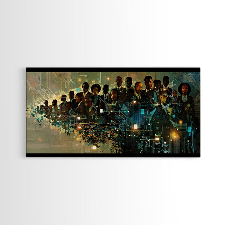 Afrofuturist Black Leaders In Digital City Wall Art, African American Tech Portrait, Futuristic Office Decor Print Canvas Gift