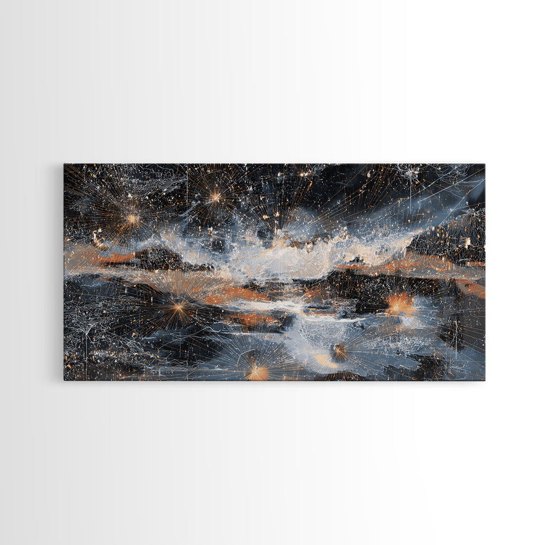 Starry Silver Mountain Sky Abstract Canvas Print, Dreamy Wall Art Decor, Modern Nature Landscape For Bedroom Office Gift
