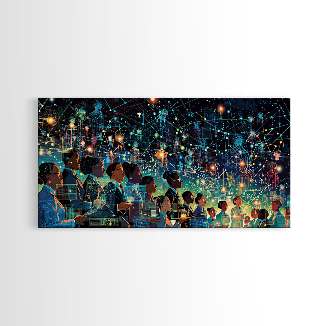 Diverse Professionals Under Neon Network Wall Art, Futuristic Digital City Print, Modern Office Decor For Tech Lovers Gift
