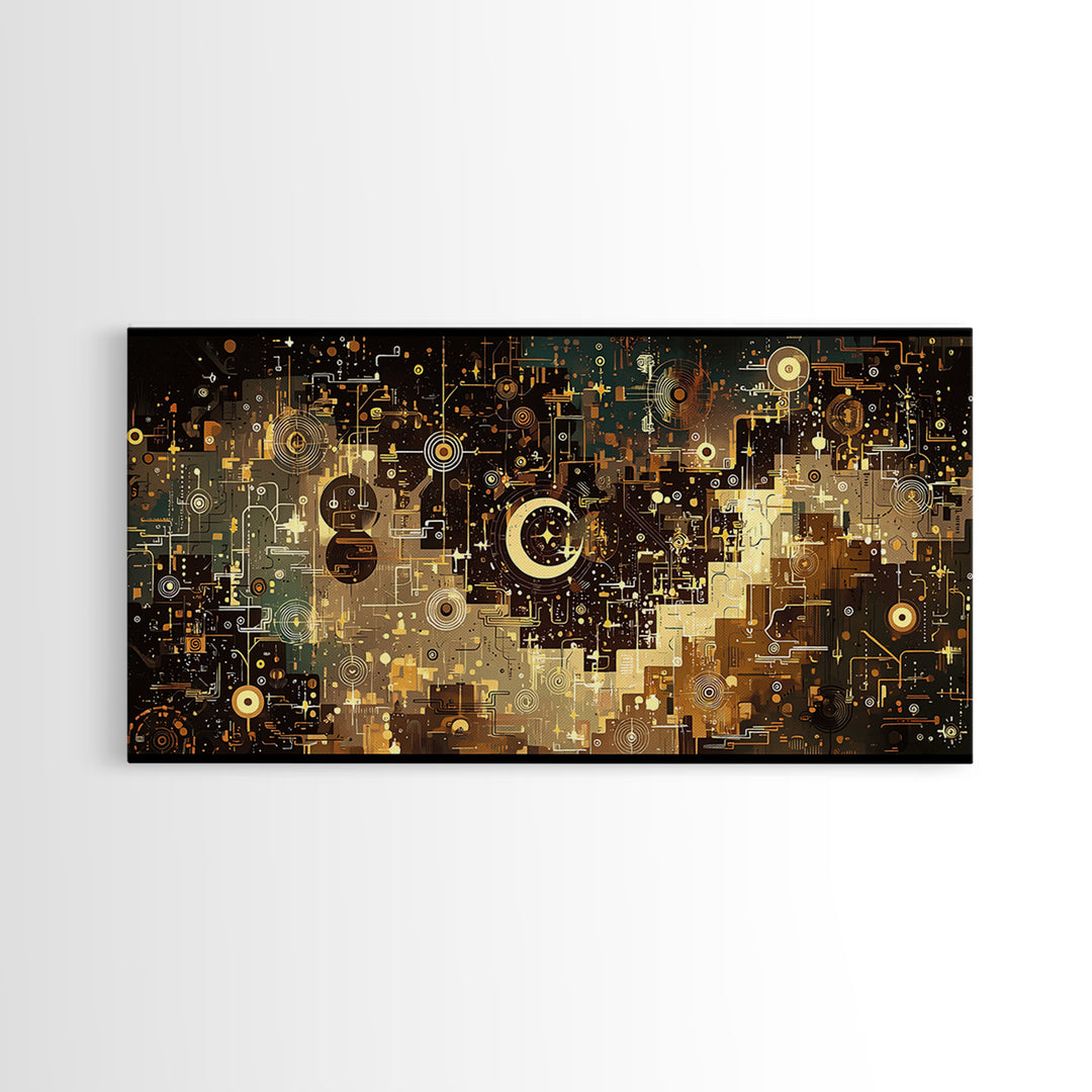 Gold Crescent Abstract Circuit City Wall Art, Black Gold Canvas Decor, Modern Islamic Inspired Geometric Home Decor Statement Piece