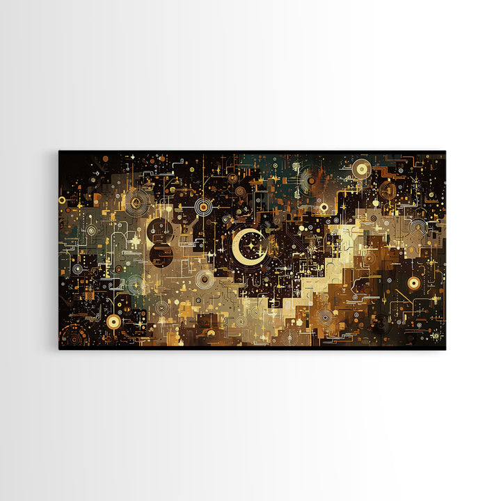 Gold Crescent Abstract Circuit City Wall Art, Black Gold Canvas Decor, Modern Islamic Inspired Geometric Home Decor Statement Piece