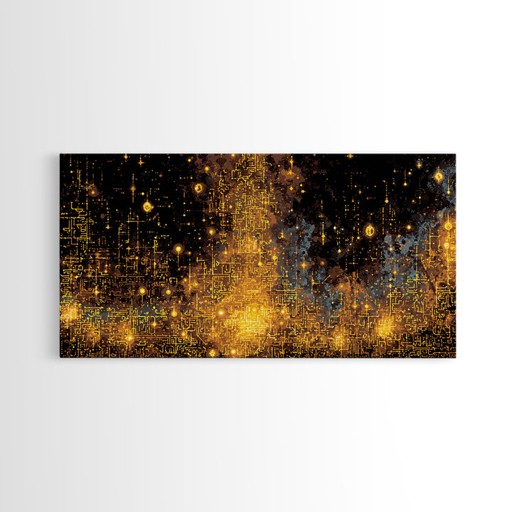 Golden Futuristic Skyline Canvas Print, Abstract City Lights Wall Decor, Luxury Black Gold Modern Home Decor Statement Piece