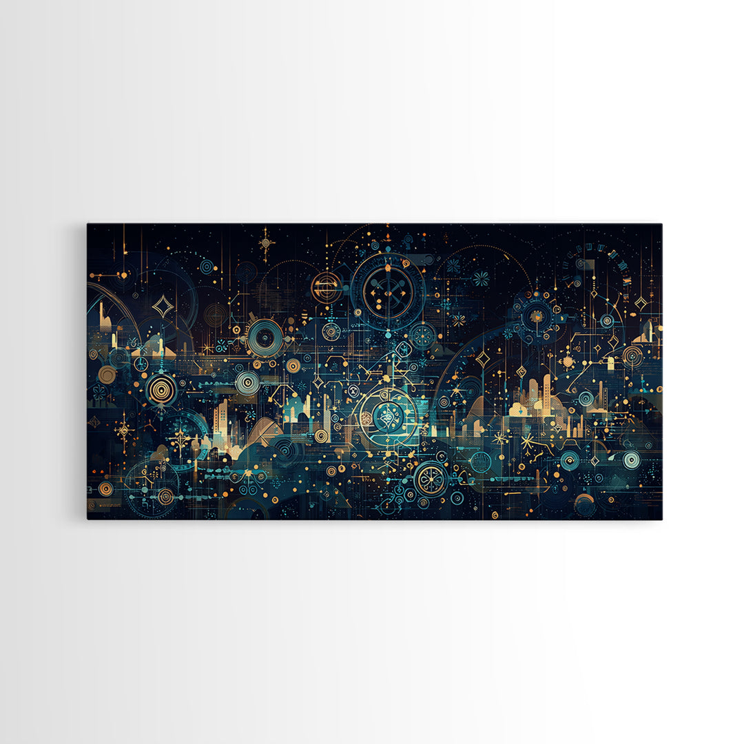 Teal Celestial Blueprint Wall Art, Abstract Science Diagram Canvas Decor, Modern Geometric Office Decor Unique Gift For Him