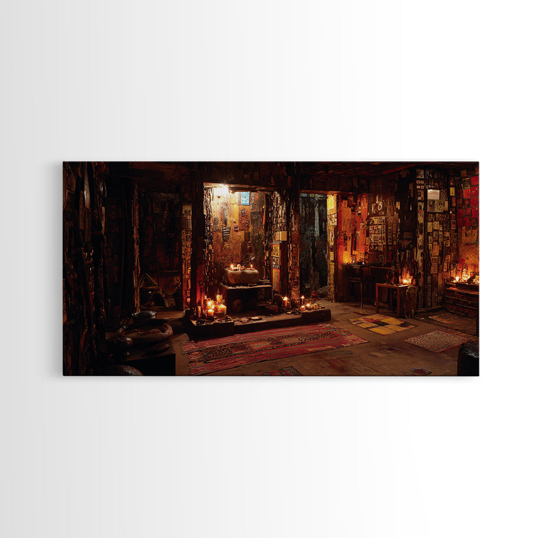 Candlelit Bohemian Shrine Interior Wall Art, Mystic Meditation Room Decor, Warm Earth Tone Canvas Print For Home Unique Gift
