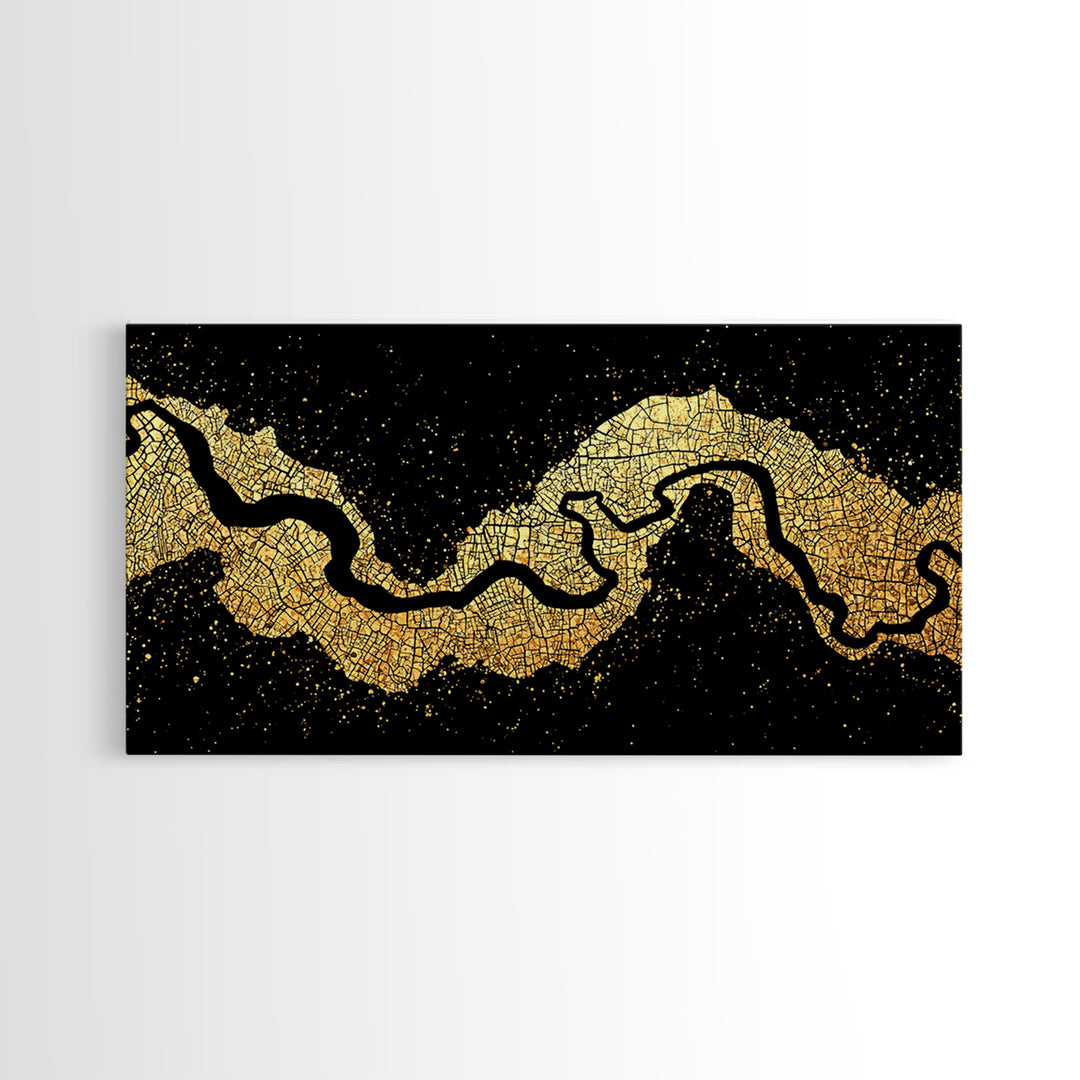 Black And Gold River Map Wall Art, Abstract Earth Tone Landscape Canvas Decor, Modern Minimalist Statement Piece For Home Decor