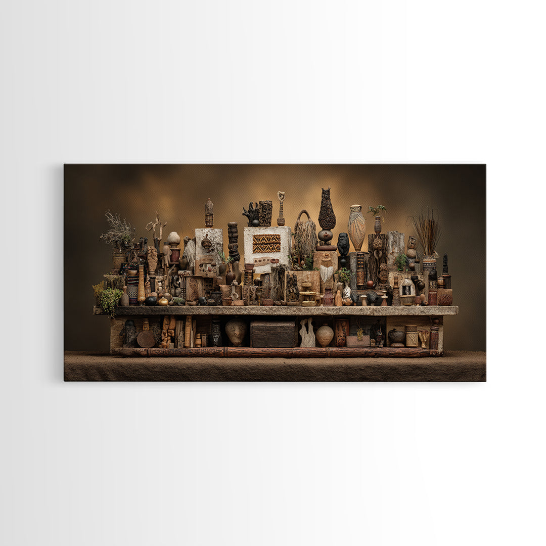 African Tribal Artifact Shelf Wall Art, Rustic Sculpture Still Life Canvas Decor, Ethnic Cultural Home Decor Statement Piece