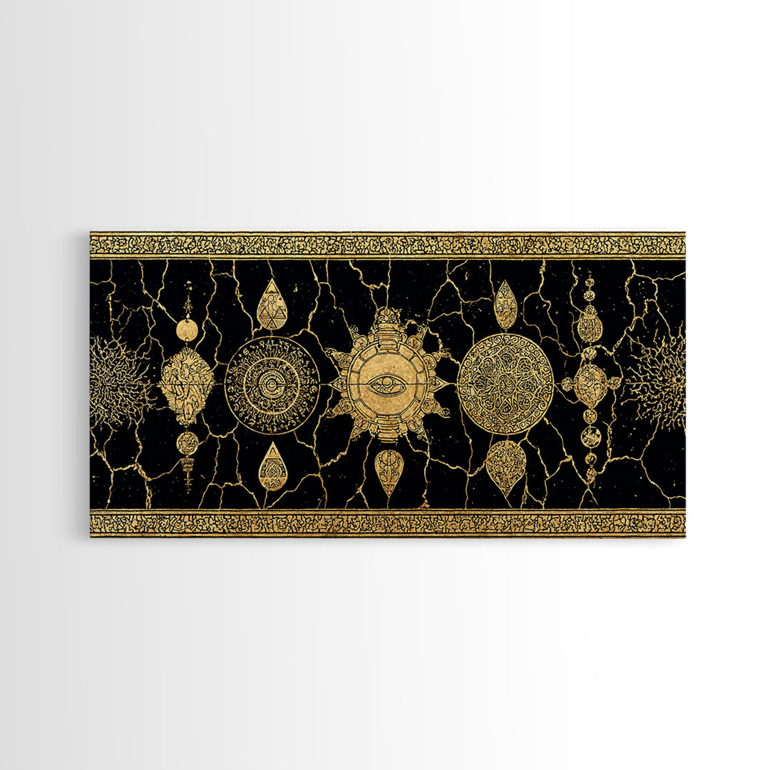 Black Gold Ornamental Mandala Canvas Print, Sacred Geometry Wall Decor, Luxury Boho Pattern Home Decor Statement Piece Gift For Her