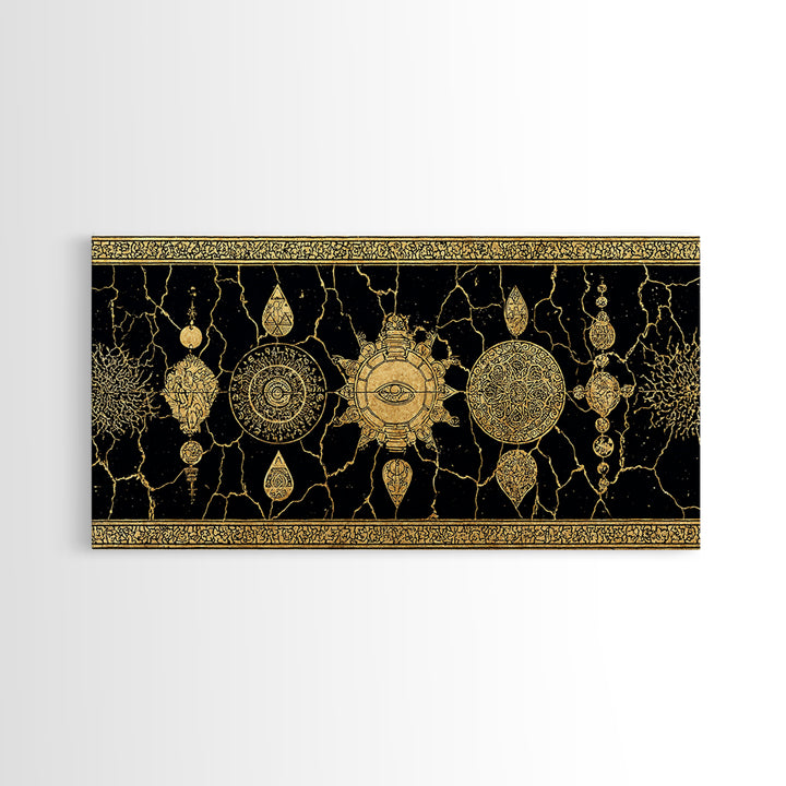 Black Gold Ornamental Mandala Canvas Print, Sacred Geometry Wall Decor, Luxury Boho Pattern Home Decor Statement Piece Gift For Her