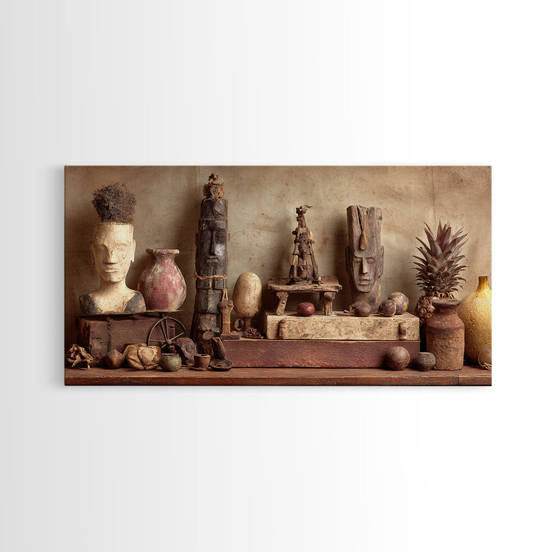Ancient African Artifact Still Life Wall Art, Earth Tone Tribal Decor, Cultural Home Decor, Textured Boho Canvas Print Gift