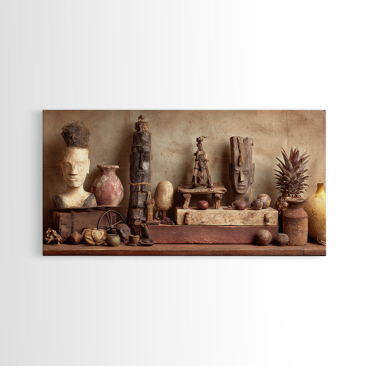 Ancient African Artifact Still Life Wall Art, Earth Tone Tribal Decor, Cultural Home Decor, Textured Boho Canvas Print Gift