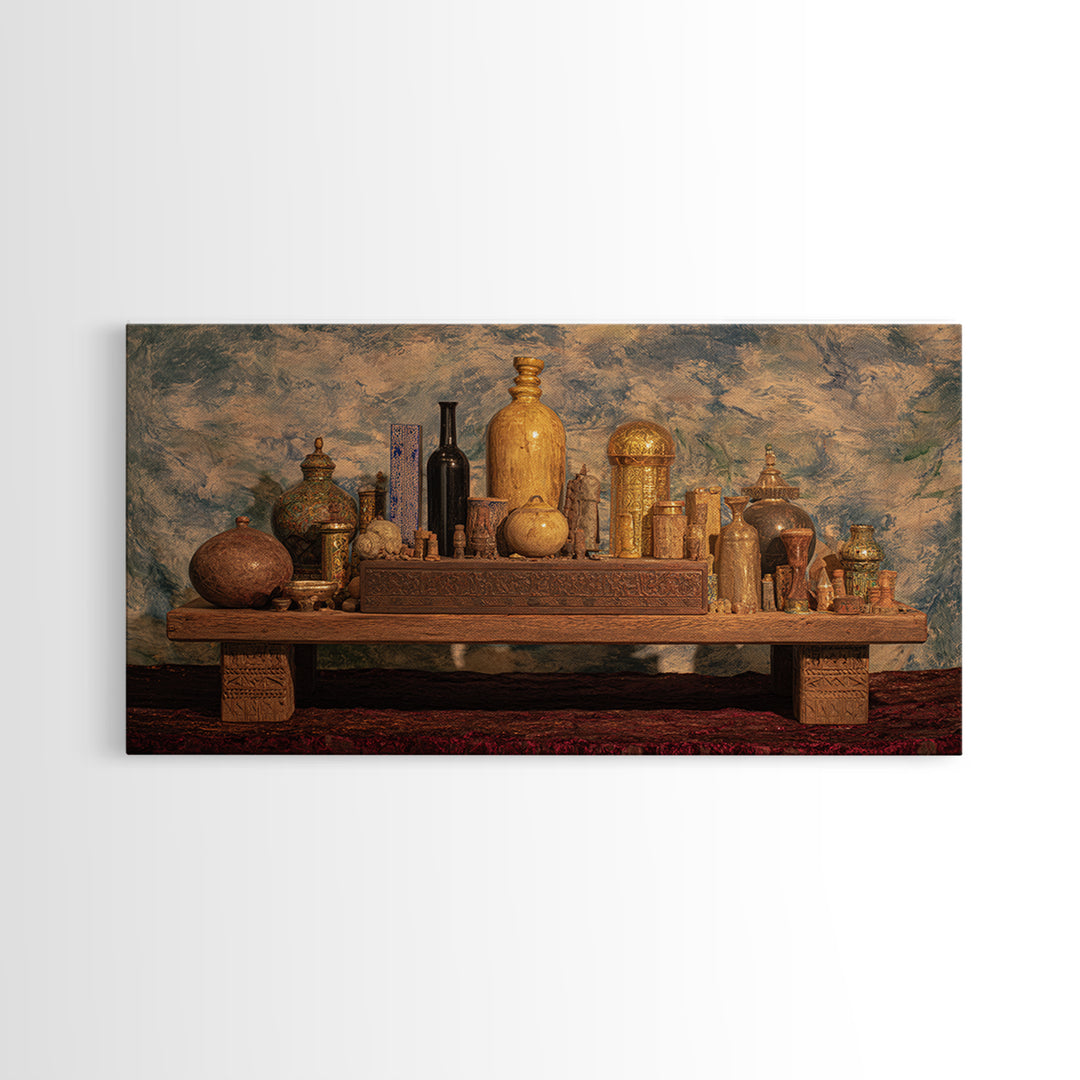 Ornate African Treasure Table Wall Art, Gold Vessel Still Life, Ethnic Home Decor, Luxury Canvas Print For Living Room