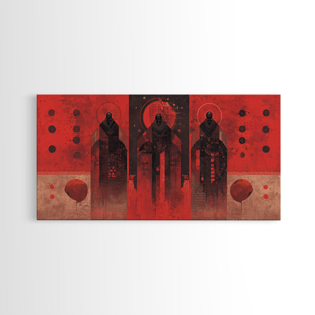 Three Ancestral Figures In Red Wall Art, Abstract African Tribal Art, Spiritual Black Culture Canvas Print, Bold Decor Gift