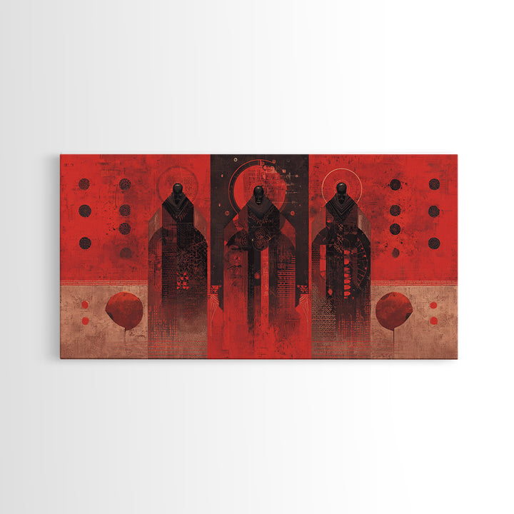Three Ancestral Figures In Red Wall Art, Abstract African Tribal Art, Spiritual Black Culture Canvas Print, Bold Decor Gift