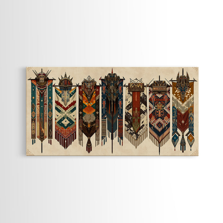 Seven Ornate African Tribal Banners Wall Art, Ankara Pattern Textile Art, Cultural Home Decor, Framed Canvas Print Gift For Her