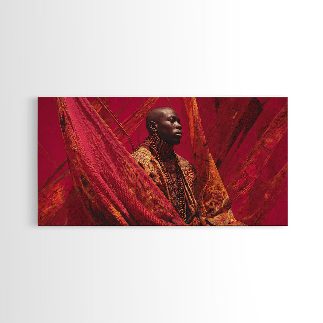 Regal African Man In Red Fabric Wall Art, Contemporary Portrait, Afrocentric Fashion Canvas Print, Bold Home Decor Gift For Him