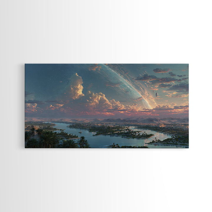 Epic African River Valley At Sunrise Wall Art, Afrofuturism Landscape, Dreamy Nature Scene Canvas Print, Large Decor Gift