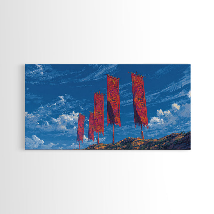 Red African Textile Banners On Blue Sky Wall Art, Cultural Landscape, Vibrant Ankara Decor, Framed Canvas Print Gift For Home