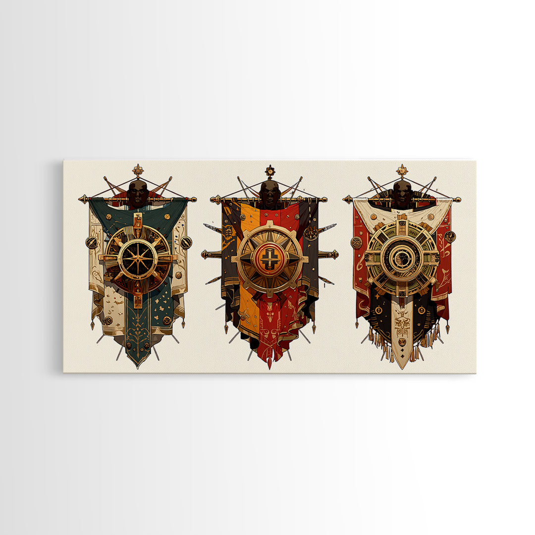Three Ornate African Shield Banners Wall Art, Tribal Mask Canvas Print, Geometric Cultural Decor, Statement Wall Piece Gift